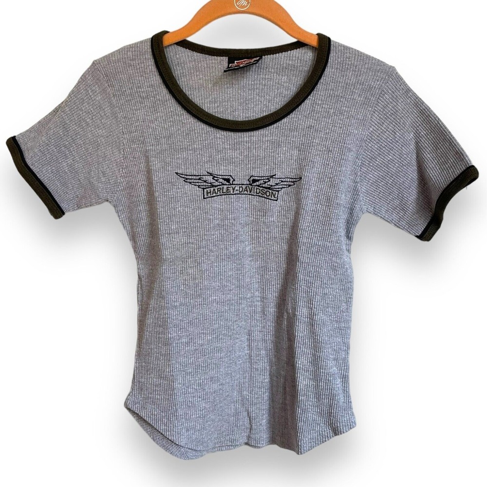 HARLEY DAVIDSON Shirt Women Sz: S Gray Short Sleeve Thermal Waffle Knit Baby Tee